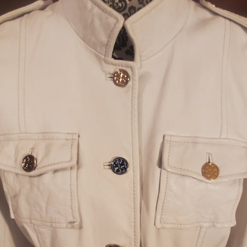 Tory Burch Leather Women's White Military Style Jacket Coat 14 Fits 10 12 - Picture 2 of 14